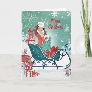 Christmas Sleigh Shopping Girly greeting Holiday Card