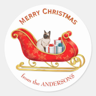 Christmas Sleigh Siamese Cat Classic Round Sticker