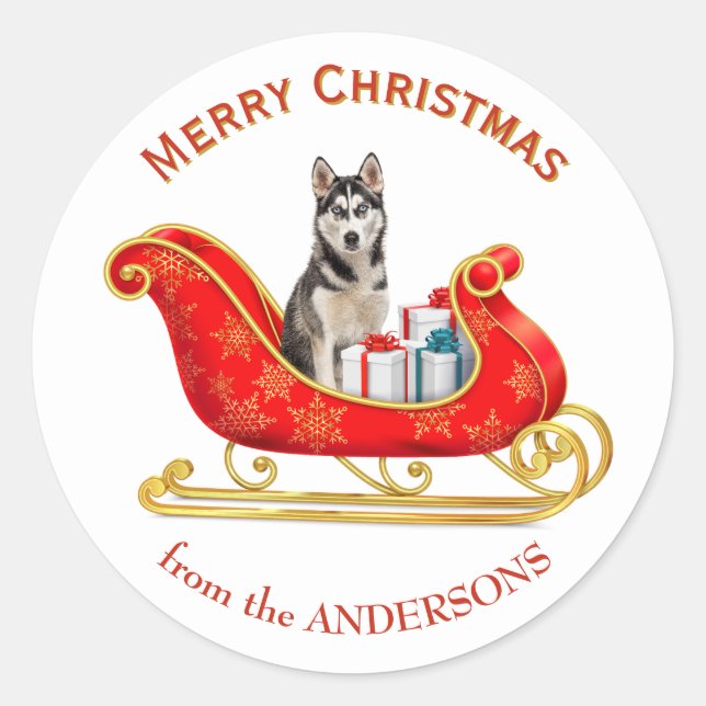 Christmas Sleigh Siberian Husky Dog Classic Round Sticker (Front)