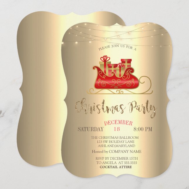 Christmas Sleigh,String Lights Gold Company Invitation (Front/Back)