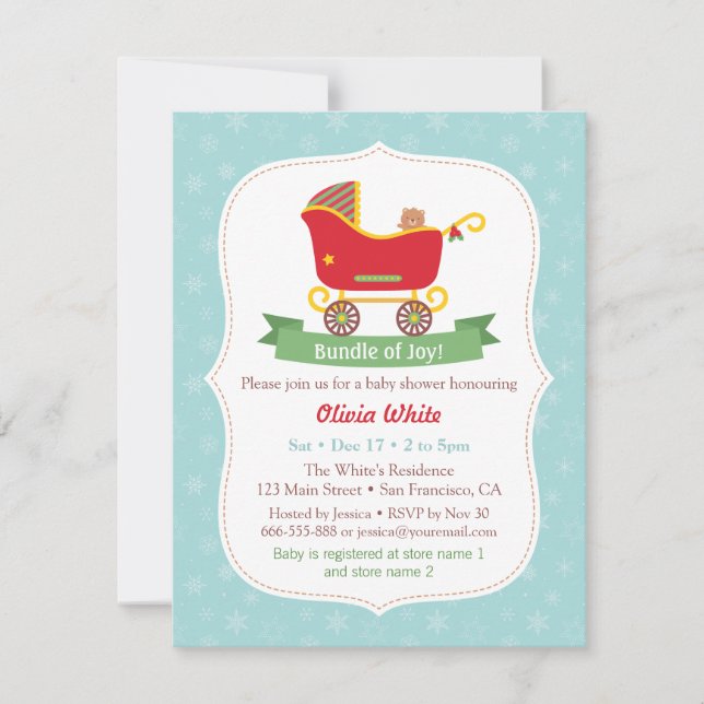 Christmas Sleigh Stroller Baby Shower Invitations (Front)