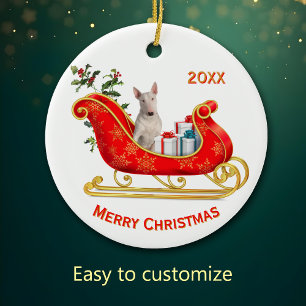 Christmas Sleigh White Bull Terrier Dog Ceramic Tree Decoration