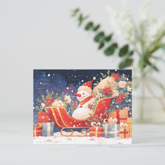 Christmas Sleigh with Gifts and Snowman Holiday Postcard (Standing Front)