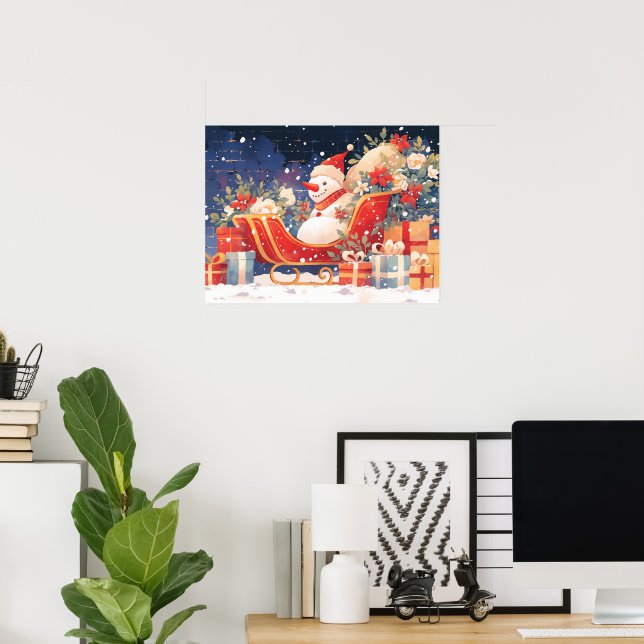 Christmas Sleigh with Gifts and Snowman Poster (Home Office)