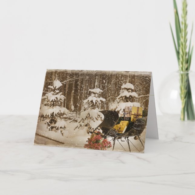 Christmas Sleigh with gifts in winter woods Holiday Card (Front)