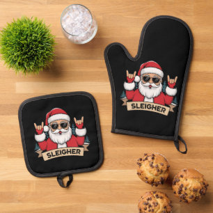 Christmas Sleigher Santa Rock Xmas Rocker  Oven Mitt & Pot Holder Set