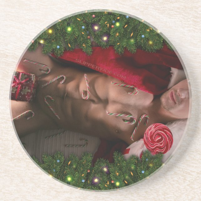 Christmas SlipperyJoe candy canes male chest Santa Coaster (Front)