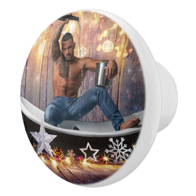 Christmas SlipperyJoe silver gold stars lights wet Ceramic Knob (Right)