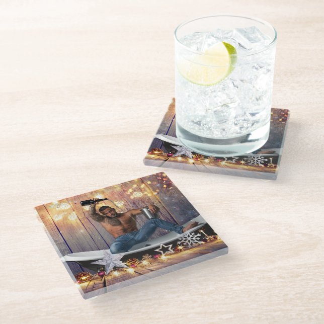 Christmas SlipperyJoe silver gold stars lights wet Glass Coaster (Angled)