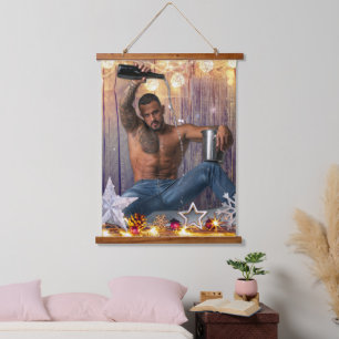 Christmas SlipperyJoe silver gold stars lights wet Hanging Tapestry