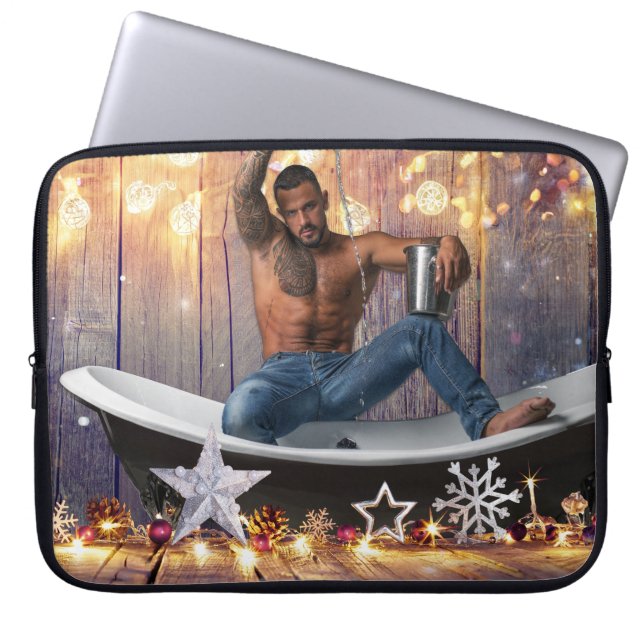 Christmas SlipperyJoe silver gold stars lights wet Laptop Sleeve (Front)