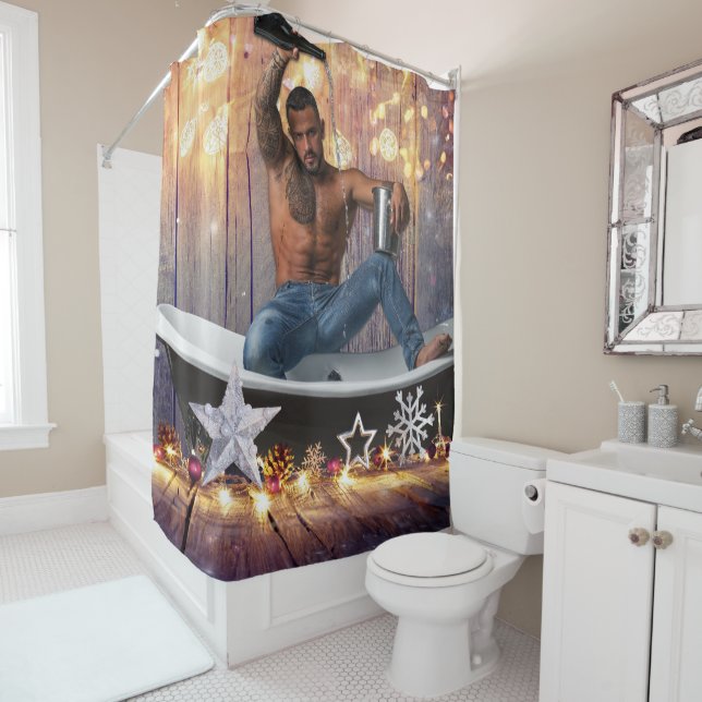 Christmas SlipperyJoe silver gold stars lights wet Shower Curtain (In Situ)