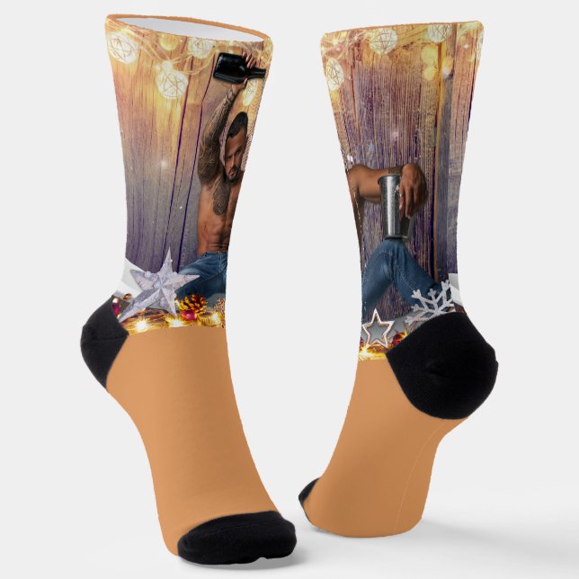 Christmas SlipperyJoe silver gold stars lights wet Socks (Angled)