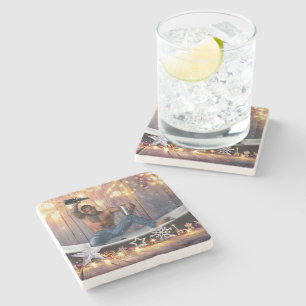 Christmas SlipperyJoe silver gold stars lights wet Stone Coaster