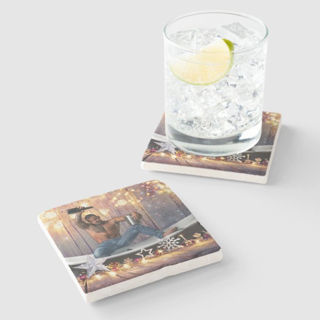 Christmas SlipperyJoe silver gold stars lights wet Stone Coaster (Side)