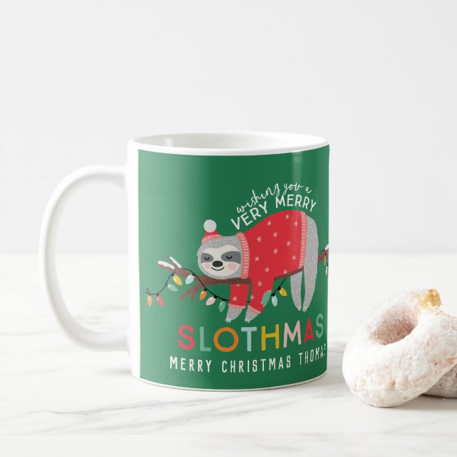 Christmas sloth bright colorful fun kids holiday coffee mug (With Donut)