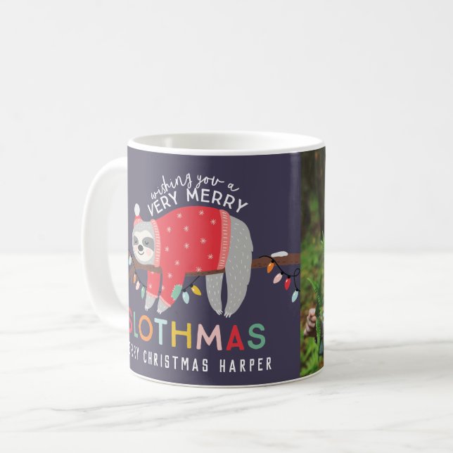Christmas sloth bright colourful fun kids holiday coffee mug (Front Left)