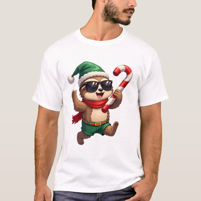 Christmas Sloth Elf Peppermint Candy Cane Shirt Gi (Front)