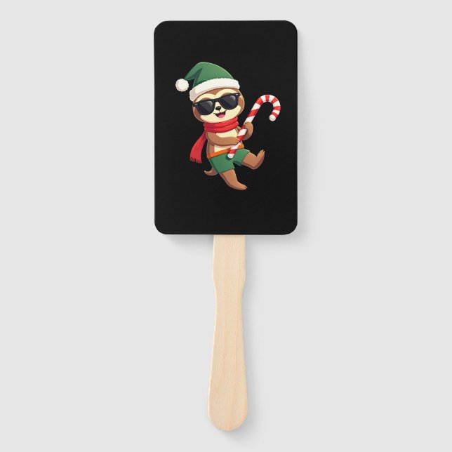 Christmas Sloth Elf Peppermint Candy Cane Shirt Gi Hand Fan (Front)
