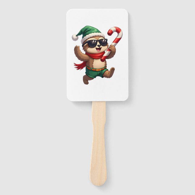 Christmas Sloth Elf Peppermint Candy Cane Shirt Gi Hand Fan (Front)