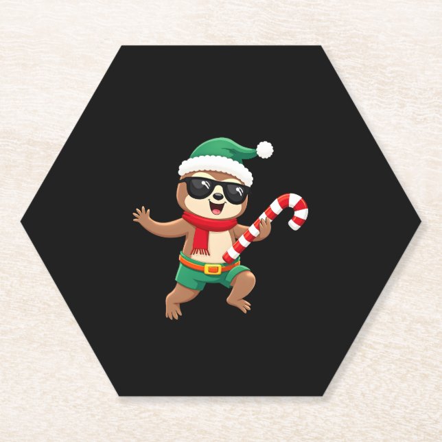 Christmas Sloth Elf Peppermint Candy Cane Shirt Gi Paper Coaster (Front)