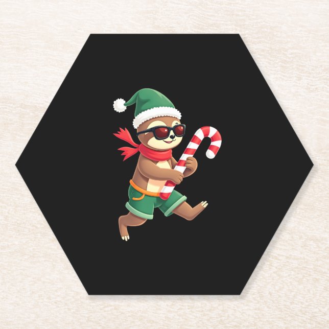 Christmas Sloth Elf Peppermint Candy Cane Shirt Gi Paper Coaster (Front)