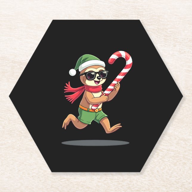 Christmas Sloth Elf Peppermint Candy Cane Shirt Gi Paper Coaster (Front)