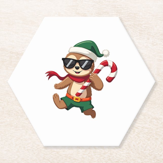 Christmas Sloth Elf Peppermint Candy Cane Shirt Gi Paper Coaster (Front)