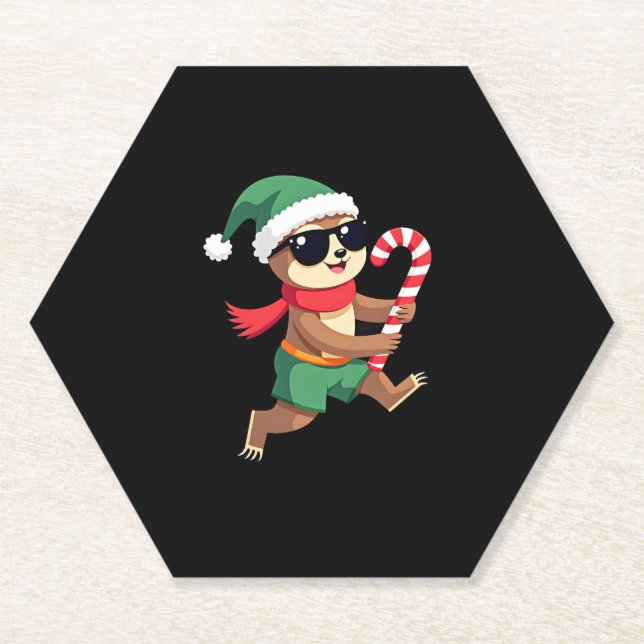 Christmas Sloth Elf Peppermint Candy Cane Shirt Gi Paper Coaster (Front)