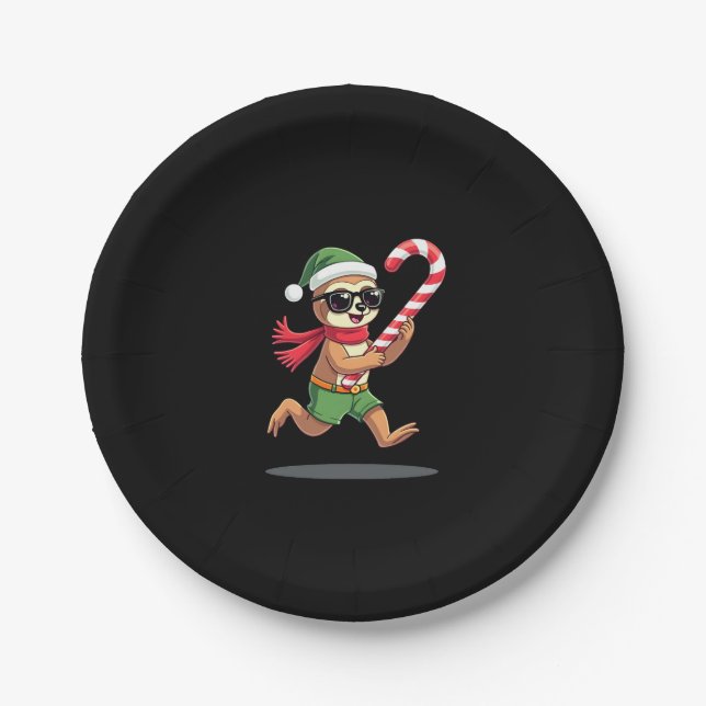 Christmas Sloth Elf Peppermint Candy Cane Shirt Gi Paper Plate (Front)