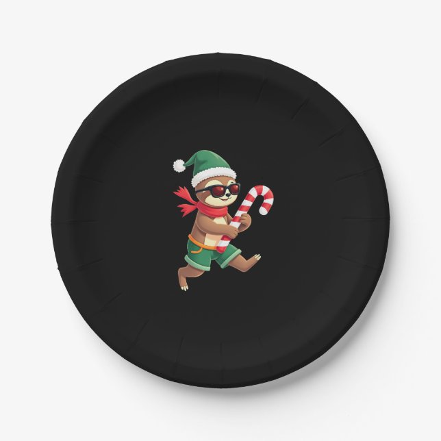 Christmas Sloth Elf Peppermint Candy Cane Shirt Gi Paper Plate (Front)