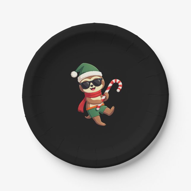Christmas Sloth Elf Peppermint Candy Cane Shirt Gi Paper Plate (Front)