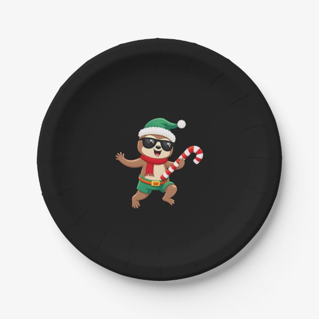 Christmas Sloth Elf Peppermint Candy Cane Shirt Gi Paper Plate (Front)