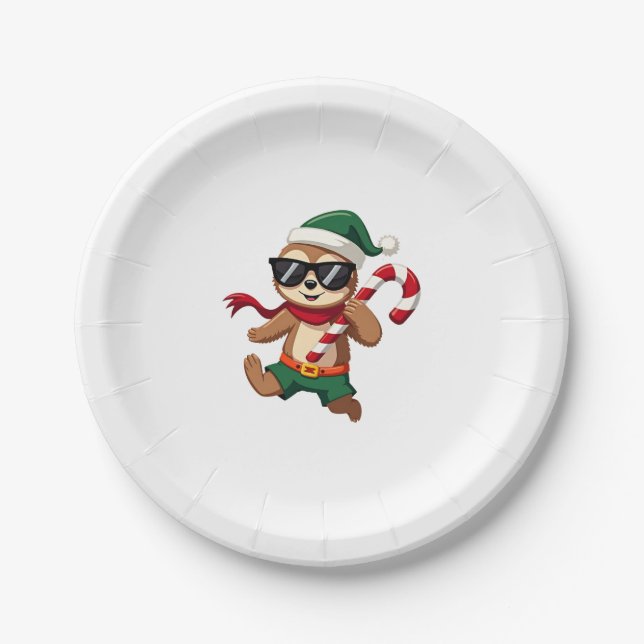 Christmas Sloth Elf Peppermint Candy Cane Shirt Gi Paper Plate (Front)