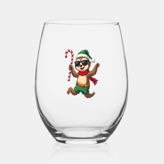 Christmas Sloth Elf Peppermint Candy Cane Shirt Gi Stemless Wine Glass (Front)
