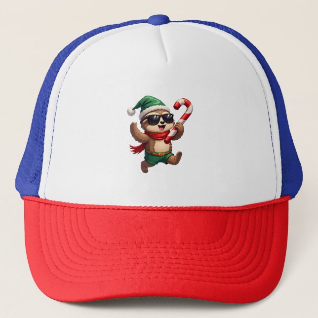 Christmas Sloth Elf Peppermint Candy Cane Shirt Gi Trucker Hat (Front)