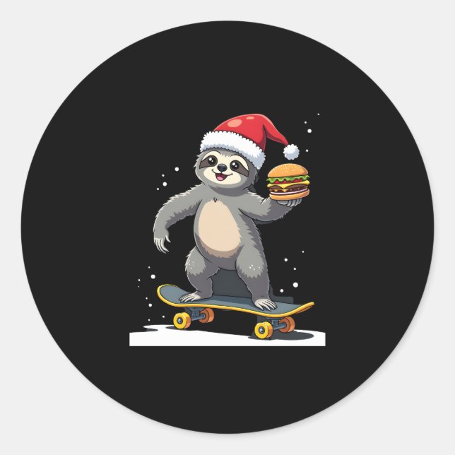 CHRISTMAS SLOTH Funny Christmas Skateboard Sloth ( Classic Round Sticker (Front)