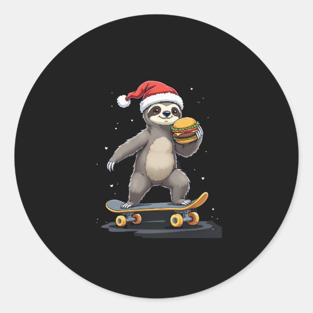 CHRISTMAS SLOTH Funny Christmas Skateboard Sloth Classic Round Sticker (Front)