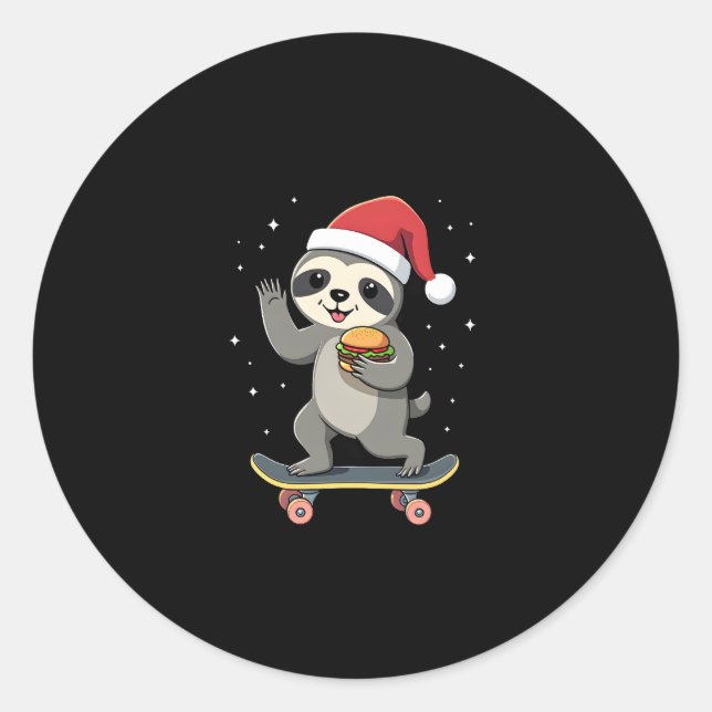CHRISTMAS SLOTH Funny Christmas Skateboard Sloth ( Classic Round Sticker (Front)