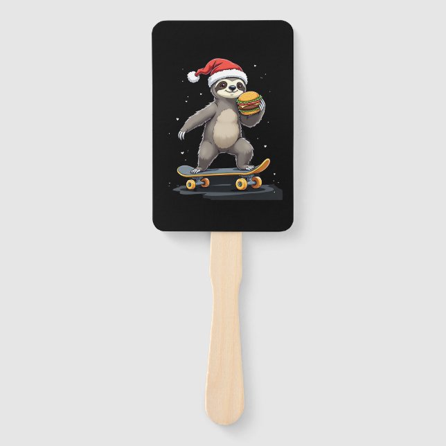CHRISTMAS SLOTH Funny Christmas Skateboard Sloth Hand Fan (Front)