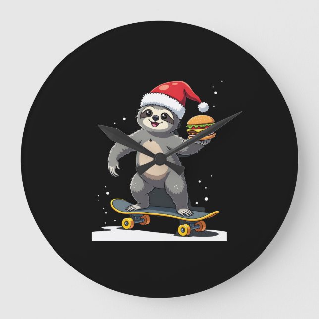 CHRISTMAS SLOTH Funny Christmas Skateboard Sloth ( Large Clock (Front)