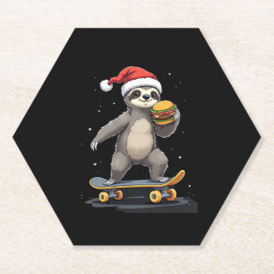CHRISTMAS SLOTH Funny Christmas Skateboard Sloth Paper Coaster