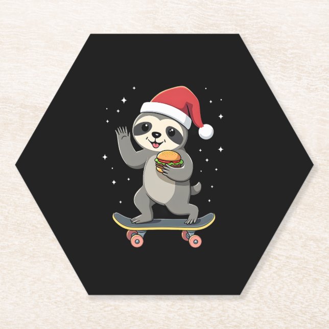CHRISTMAS SLOTH Funny Christmas Skateboard Sloth ( Paper Coaster (Front)