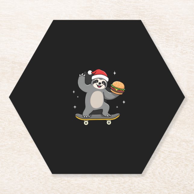 CHRISTMAS SLOTH Funny Christmas Skateboard Sloth ( Paper Coaster (Front)