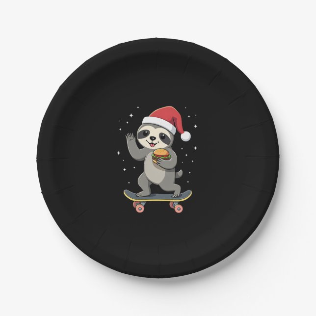 CHRISTMAS SLOTH Funny Christmas Skateboard Sloth ( Paper Plate (Front)
