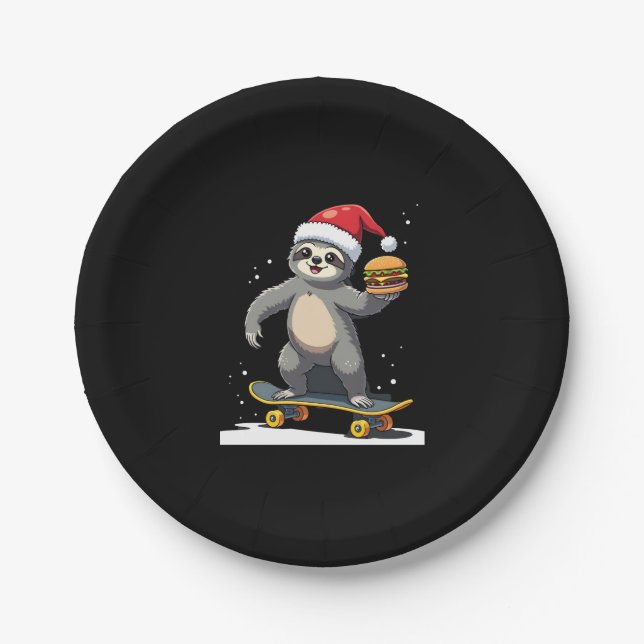 CHRISTMAS SLOTH Funny Christmas Skateboard Sloth ( Paper Plate (Front)