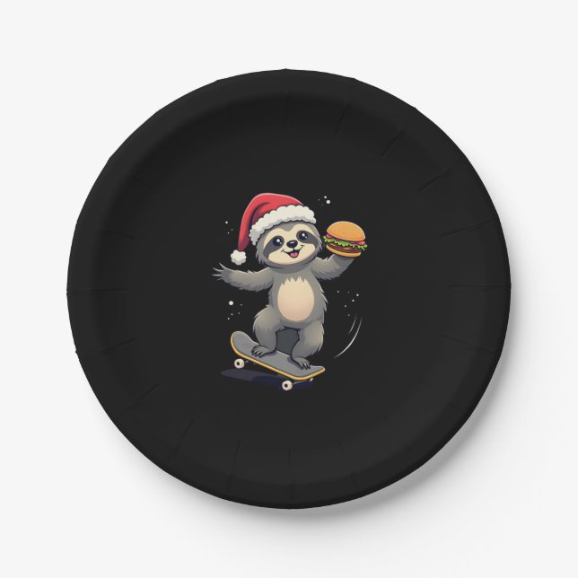 CHRISTMAS SLOTH Funny Christmas Skateboard Sloth ( Paper Plate (Front)