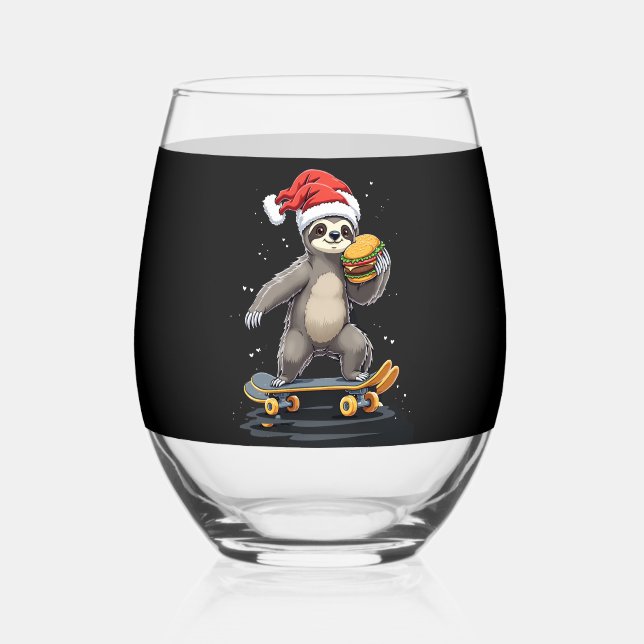 CHRISTMAS SLOTH Funny Christmas Skateboard Sloth Stemless Wine Glass (Front)