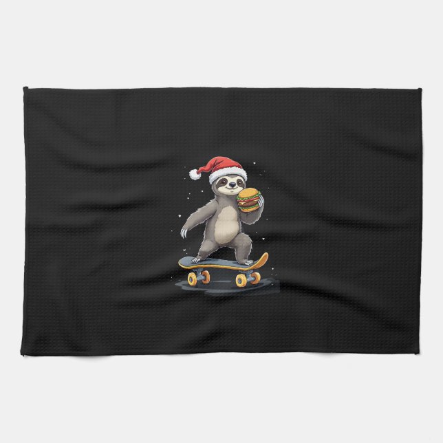 CHRISTMAS SLOTH Funny Christmas Skateboard Sloth Tea Towel (Horizontal)