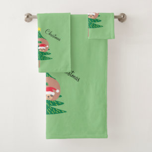 Christmas Sloth Holiday Light Green Bath Towel Set